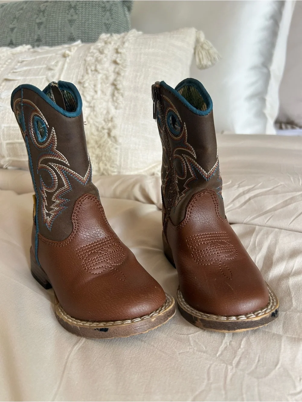Dbl Barrel - Toddler Brown Cowboy Boots with Turquoise Trim